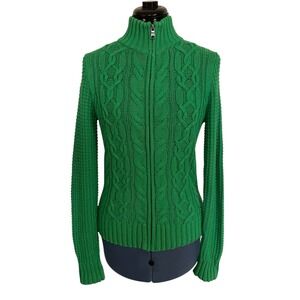 LRL Ralph Lauren Womens Green Cable Knit Full Zip Mock Neck Sweater Preppy Y2K S
